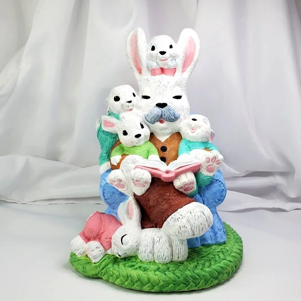 VTG 1994 Easter Bunny Rabbits Grandpa & Kids Large Ceramic Decoration 10
